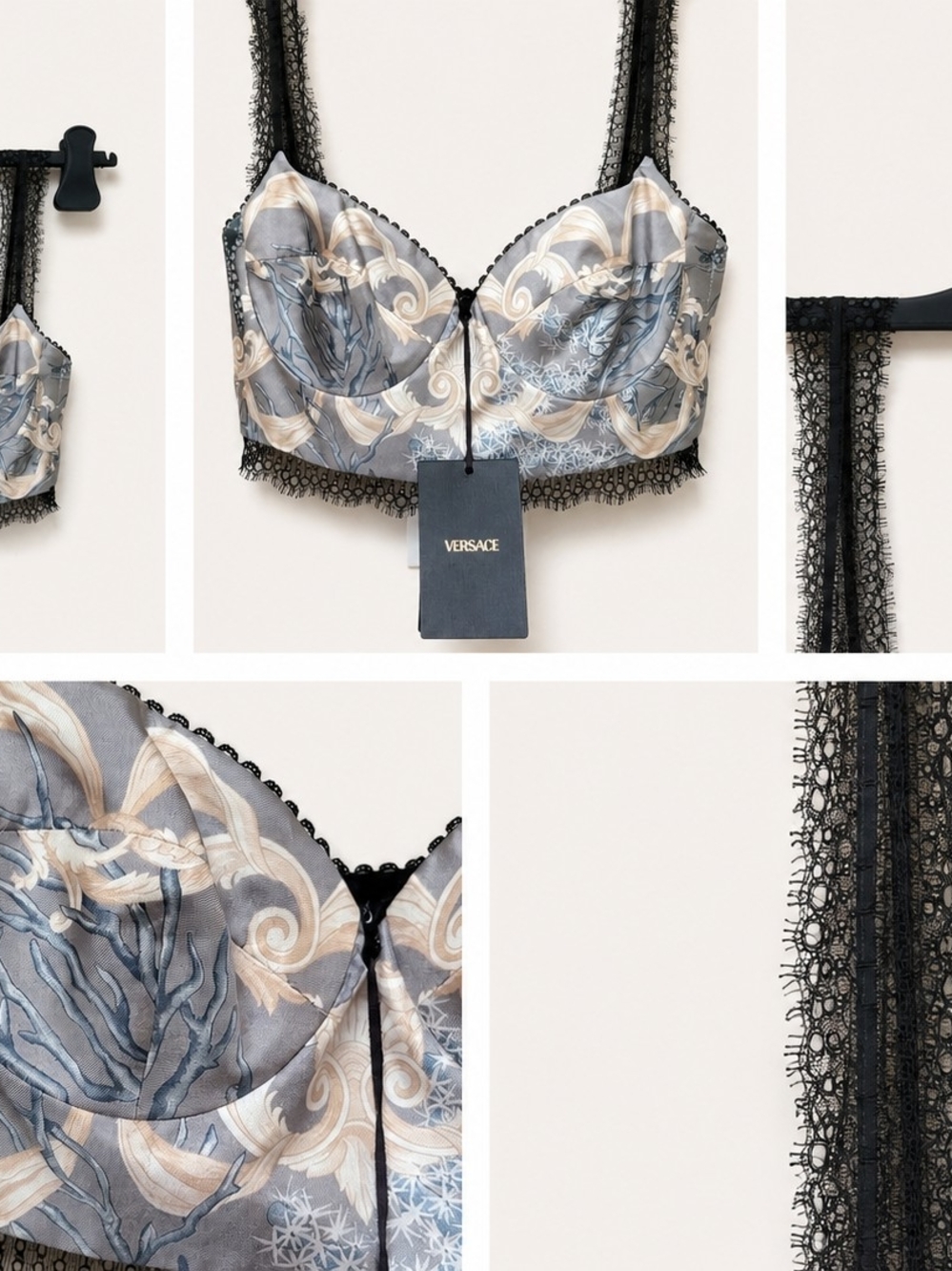 Silk Versace Women's Printed Lace-Trim Longline Bralette - Gray & Cream - Picture 2 of 10